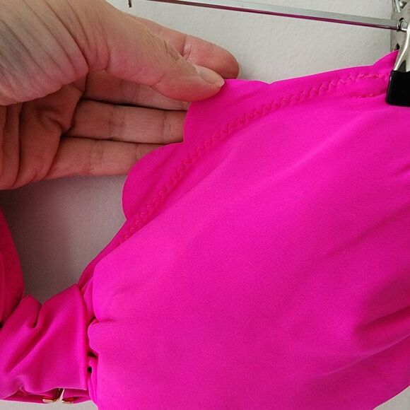 Vanilla Beach Scalloped Bikini Swim Top | Hot Pink Halter Tie Neck Ruched NWT - Picture 6 of 9